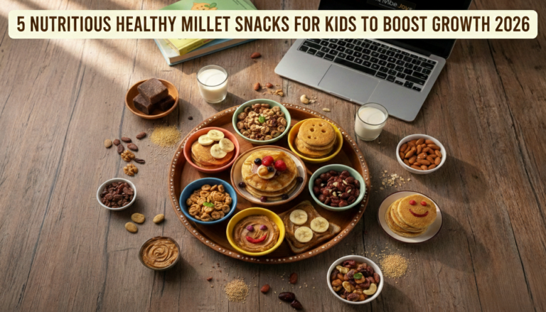 A high-quality photography spread of 5 healthy millet snacks for kids including ragi pancakes, choco fills, and jaggery-based nut spread on a wooden table.