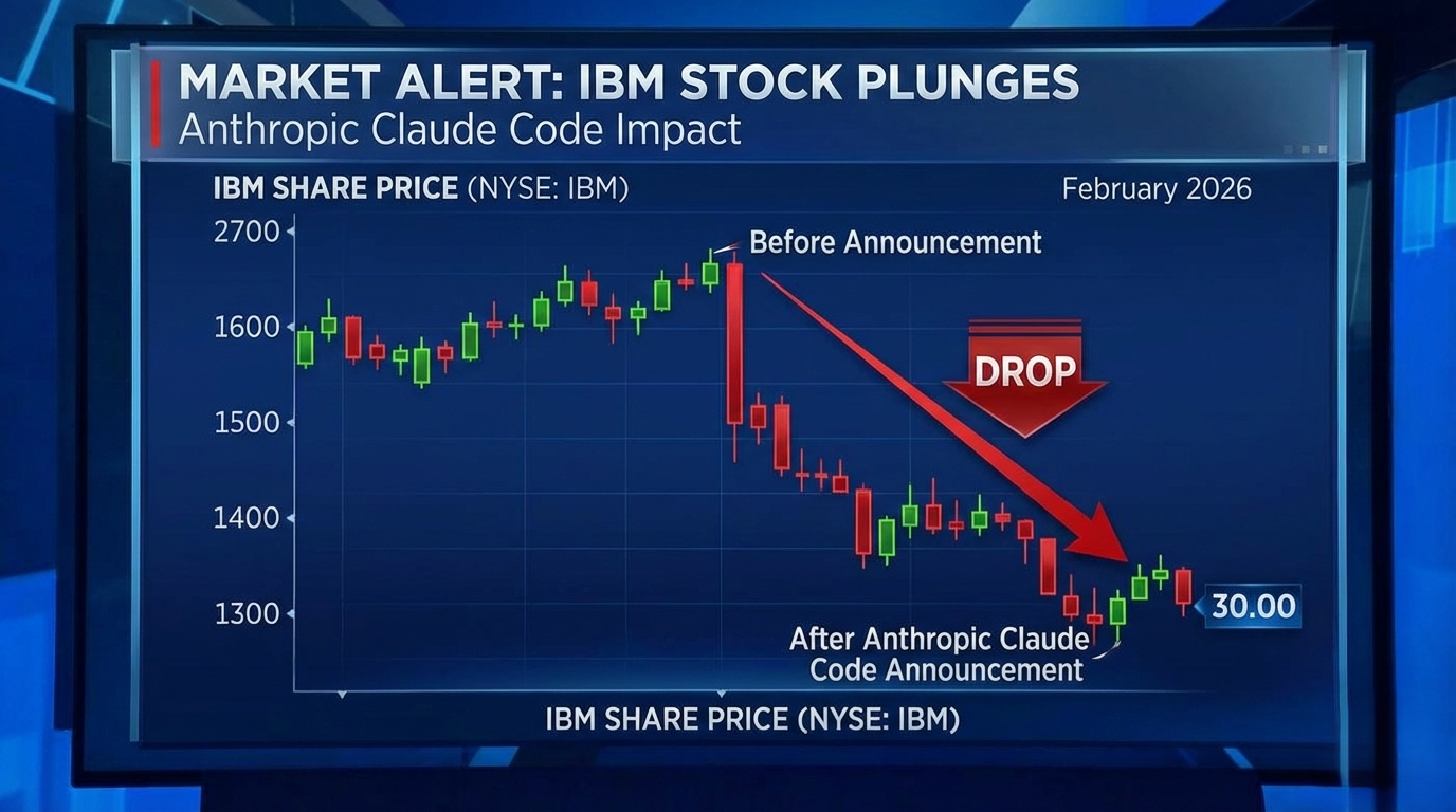 Stock chart showing 13% IBM share price drop in Feb 2026 following Anthropic Claude Code AI announcement.