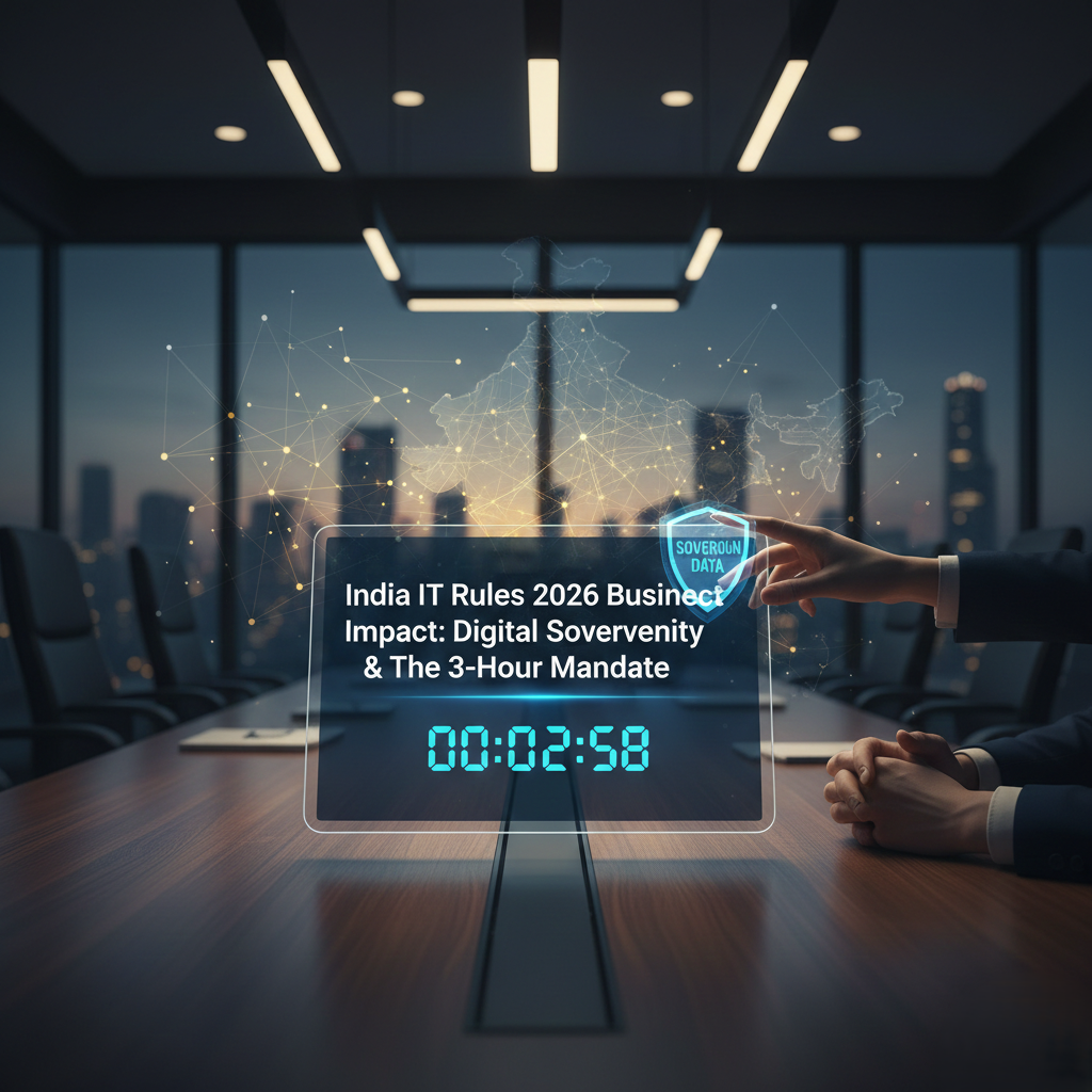 India IT Rules 2026 business impact dashboard showing a 3-hour deepfake removal countdown and digital sovereignty shield in a high-tech boardroom.