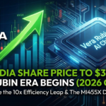 A dynamic financial news graphic featuring a green upward stock chart for 'NVDA' alongside a futuristic 'Vera Rubin AI Chip'. Text overlays read: "NVIDIA SHARE PRICE TO $350? THE RUBIN ERA BEGINS (2026 GUIDE)" and "Inside the 10x Efficiency Leap & The MI455X Delay."
