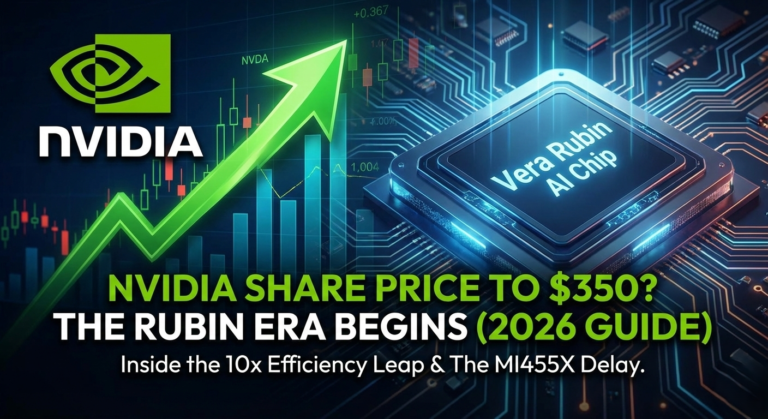 A dynamic financial news graphic featuring a green upward stock chart for 'NVDA' alongside a futuristic 'Vera Rubin AI Chip'. Text overlays read: "NVIDIA SHARE PRICE TO $350? THE RUBIN ERA BEGINS (2026 GUIDE)" and "Inside the 10x Efficiency Leap & The MI455X Delay."