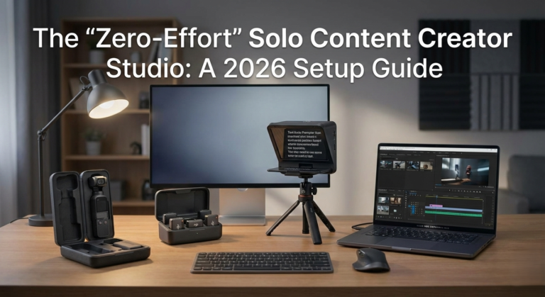 Professional solo content creator studio setup in 2026 featuring a DJI Osmo Pocket 3, Elgato Prompter with script, and an Asus ROG laptop for an automated video editing workflow.