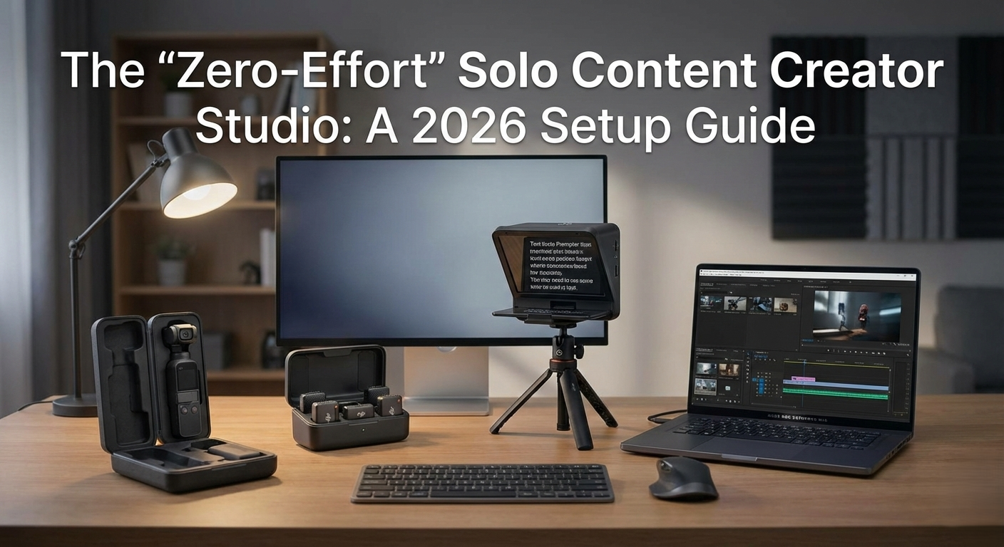 Professional solo content creator studio setup in 2026 featuring a DJI Osmo Pocket 3, Elgato Prompter with script, and an Asus ROG laptop for an automated video editing workflow.