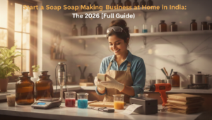 Entrepreneur holding a cured bar in a warm-toned studio, showing how to start a soap making business at home in India.