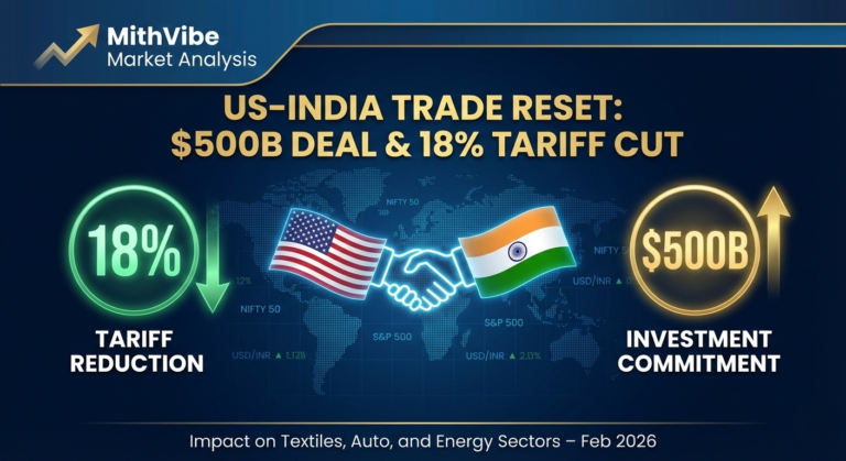 Professional market analysis chart showing the Trump India trade deal impact with a drop to 18% tariffs and the $500 billion investment commitment between US and India flags.