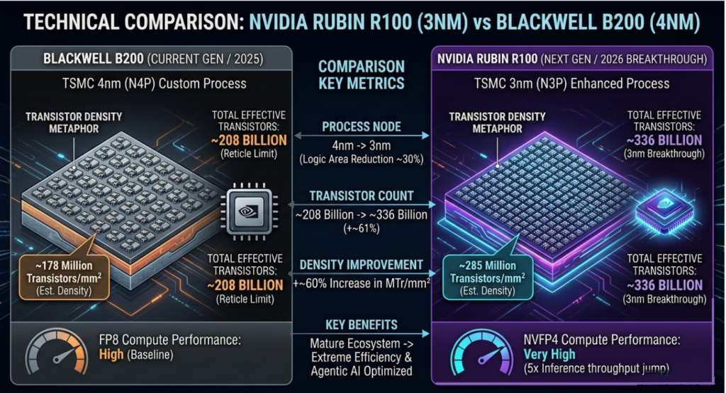 Technical diagram comparing NVIDIA Rubin R100 vs Blackwell B200 transistor density and 3nm process node.