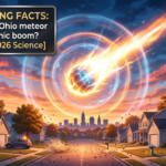 Dynamic infographic showing 5 Terrifying Facts: Why did the Ohio meteor cause a sonic boom? [Exclusive 2026 Science]. It depicts a powerful daylight fireball explosion over Medina County, Ohio, with concentric blue and orange shockwaves rippling down over a suburban neighborhood, causing windows to rattle.