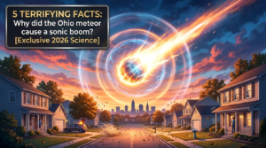 Dynamic infographic showing 5 Terrifying Facts: Why did the Ohio meteor cause a sonic boom? [Exclusive 2026 Science]. It depicts a powerful daylight fireball explosion over Medina County, Ohio, with concentric blue and orange shockwaves rippling down over a suburban neighborhood, causing windows to rattle.