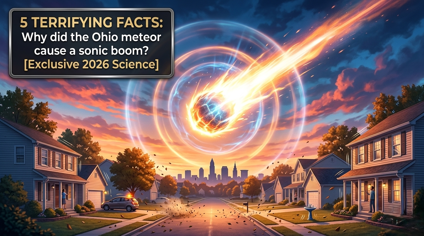 Dynamic infographic showing 5 Terrifying Facts: Why did the Ohio meteor cause a sonic boom? [Exclusive 2026 Science]. It depicts a powerful daylight fireball explosion over Medina County, Ohio, with concentric blue and orange shockwaves rippling down over a suburban neighborhood, causing windows to rattle.