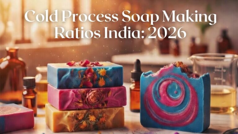 vibrant artisanal soaps and colorful botanical powders, illustrating the best oils for cold process soap making ratios India for a 2026 profit masterclass.