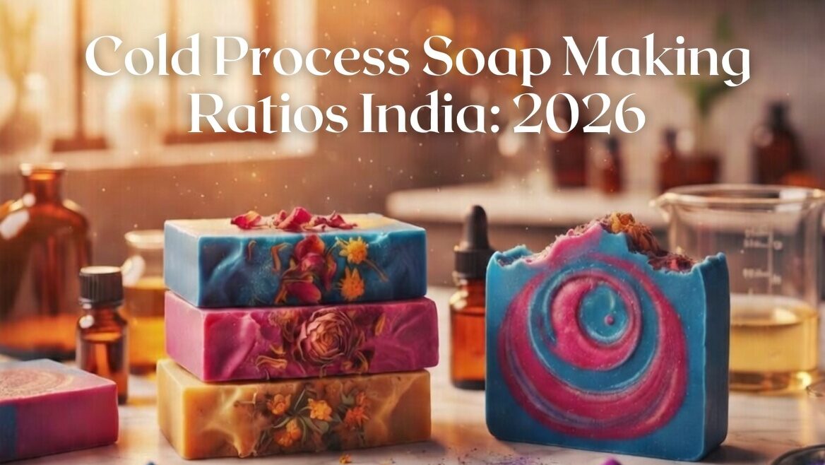 vibrant artisanal soaps and colorful botanical powders, illustrating the best oils for cold process soap making ratios India for a 2026 profit masterclass.