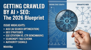 Infographic comparing Getting Getting Crawled by AI SEO. Features a magnifying glass analyzing a knowledge graph, with issue highlights on AISO, GEO strategies, and SGE citation benchmarks for 2026.