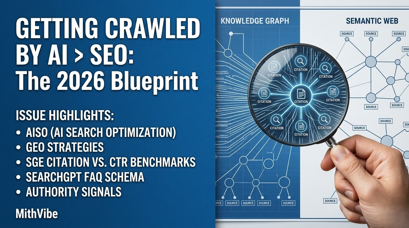 Infographic comparing Getting Getting Crawled by AI SEO. Features a magnifying glass analyzing a knowledge graph, with issue highlights on AISO, GEO strategies, and SGE citation benchmarks for 2026.