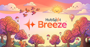 Illustrated 2026 HubSpot Breeze AI ecosystem featuring Prospecting, Content, and Social Media Agents as helpful characters in a vibrant, sunset-lit nature landscape with the HubSpot logo.