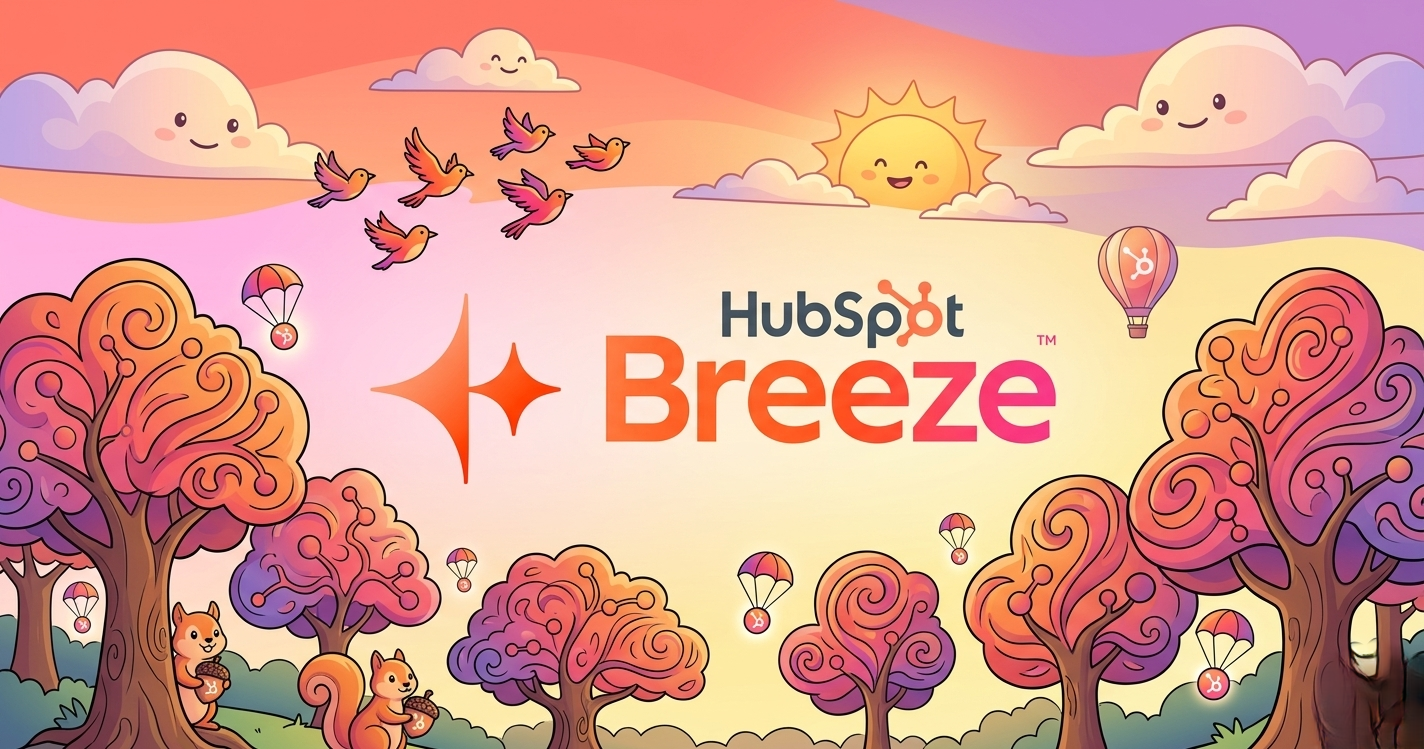 Illustrated 2026 HubSpot Breeze AI ecosystem featuring Prospecting, Content, and Social Media Agents as helpful characters in a vibrant, sunset-lit nature landscape with the HubSpot logo.