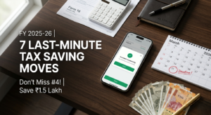 Top-down view of a desk featuring a smartphone showing an investment app, Indian Rupee notes, and a March 2026 calendar highlighting the March 31 deadline for last minute tax saving investments for FY 2025-26.