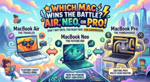 MacBook Pro vs Air vs Neo 2026 comparison infographic showing 3D laptop characters and Artemis 2 mission lunar landscape.