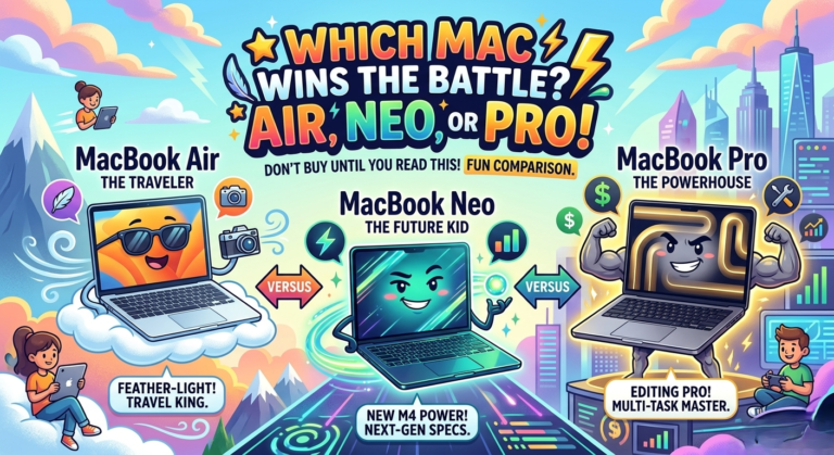 MacBook Pro vs Air vs Neo 2026 comparison infographic showing 3D laptop characters and Artemis 2 mission lunar landscape.