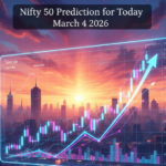 Vibrant neon stock market candlestick chart on a high-tech desk setup for Nifty 50 prediction for today March 4 2026, showing bullish trends and financial data analytics in India.