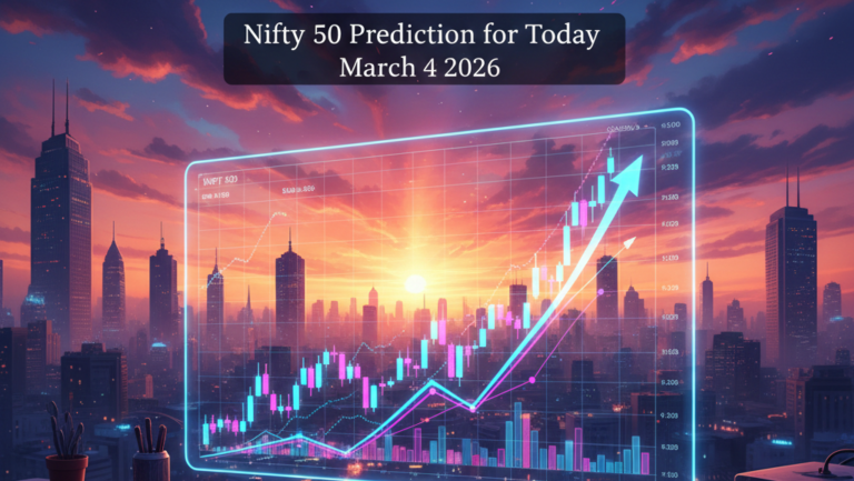 Vibrant neon stock market candlestick chart on a high-tech desk setup for Nifty 50 prediction for today March 4 2026, showing bullish trends and financial data analytics in India.