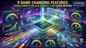 Colorful infographic comparing NVIDIA Rubin R100 vs Blackwell B200 GPUs. Visual highlights include the HBM4 memory breakthrough at 22 TB/s bandwidth, NVFP4 reasoning vs FP8 training performance, TSMC 3nm extreme density, and the 88-core Vera CPU breaking the AI memory wall.