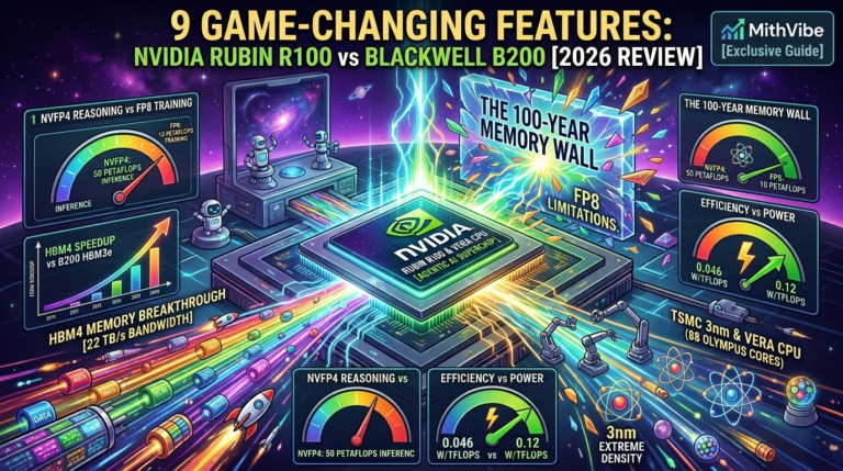 Colorful infographic comparing NVIDIA Rubin R100 vs Blackwell B200 GPUs. Visual highlights include the HBM4 memory breakthrough at 22 TB/s bandwidth, NVFP4 reasoning vs FP8 training performance, TSMC 3nm extreme density, and the 88-core Vera CPU breaking the AI memory wall.