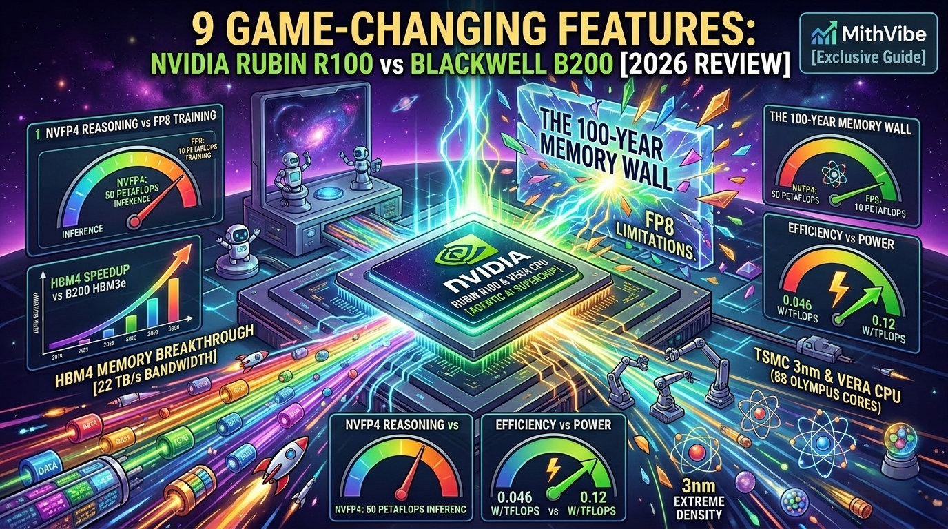 Colorful infographic comparing NVIDIA Rubin R100 vs Blackwell B200 GPUs. Visual highlights include the HBM4 memory breakthrough at 22 TB/s bandwidth, NVFP4 reasoning vs FP8 training performance, TSMC 3nm extreme density, and the 88-core Vera CPU breaking the AI memory wall.