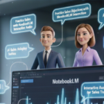 A professional sales representative using the Practice sales objections with NotebookLM Interactive Audio feature on a holographic display with a small AI robot assistant in a 2026 office setting.