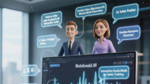 A professional sales representative using the Practice sales objections with NotebookLM Interactive Audio feature on a holographic display with a small AI robot assistant in a 2026 office setting.