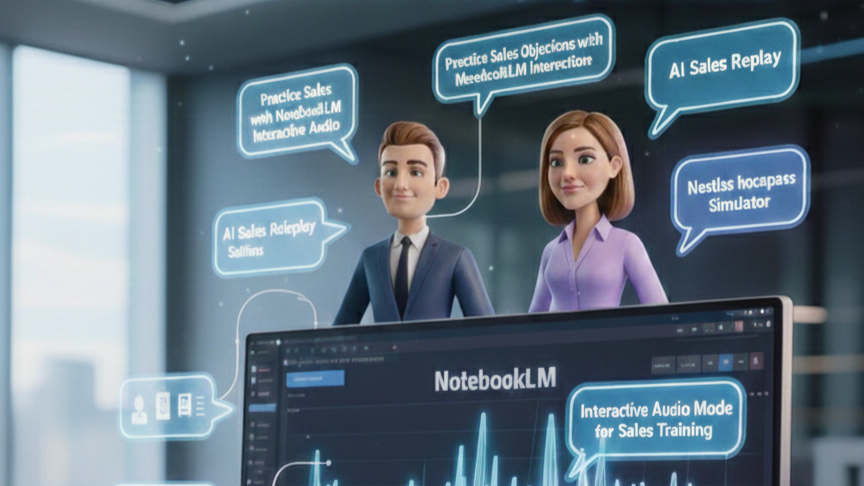 A professional sales representative using the Practice sales objections with NotebookLM Interactive Audio feature on a holographic display with a small AI robot assistant in a 2026 office setting.