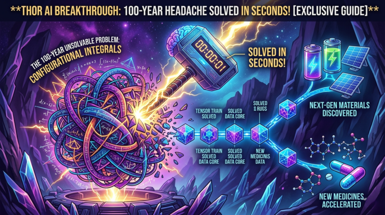 Creative illustration of Thor's hammer striking a complex atomic structure representing the THOR AI solving the 100-year-old configurational integrals problem for batteries and medicine.