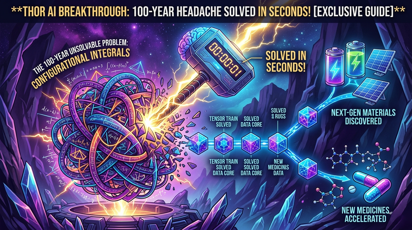 Creative illustration of Thor's hammer striking a complex atomic structure representing the THOR AI solving the 100-year-old configurational integrals problem for batteries and medicine.