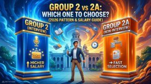 An illustrated infographic comparing TNPSC Group 2 vs 2A for 2026. The header text asks, 'GROUP 2 vs 2A: WHICH ONE TO CHOOSE? (2026 PATTERN & SALARY GUIDE)'. A central aspirant stands between two glowing pillars. The left blue pillar says 'GROUP 2 (INTERVIEW)' and 'HIGHER SALARY' with icons of a microphone and stars. The right orange pillar says 'GROUP 2A (NON-INTERVIEW)' and 'FAST SELECTION' with icons of a monitor and documents. The background shows the Tamil Nadu Secretariat building and floating books/pens. MITHVIBE logo in bottom left.