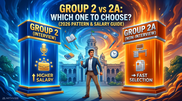 An illustrated infographic comparing TNPSC Group 2 vs 2A for 2026. The header text asks, 'GROUP 2 vs 2A: WHICH ONE TO CHOOSE? (2026 PATTERN & SALARY GUIDE)'. A central aspirant stands between two glowing pillars. The left blue pillar says 'GROUP 2 (INTERVIEW)' and 'HIGHER SALARY' with icons of a microphone and stars. The right orange pillar says 'GROUP 2A (NON-INTERVIEW)' and 'FAST SELECTION' with icons of a monitor and documents. The background shows the Tamil Nadu Secretariat building and floating books/pens. MITHVIBE logo in bottom left.