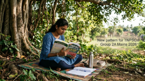 TNPSC Group 2A Mains Objective Pattern 2026: A young Tamil woman aspirant studying the 'TNPSC GROUP 2 & 2A' study book (டிஎன்பிஎஸ்சி குரூப் 2 / 2ஏ) under the shade of a massive banyan tree in a natural outdoor setting in Tamil Nadu. She is seated cross-legged on a traditional mat with her open notebook, pen, water bottle, and bag. The photograph is realistic, showing her focused expression amidst greenery and diffused natural light. TNPSC Group 2A Mains Objective Pattern 2026 MITHVIBE branding is not visible in the bottom right corner.