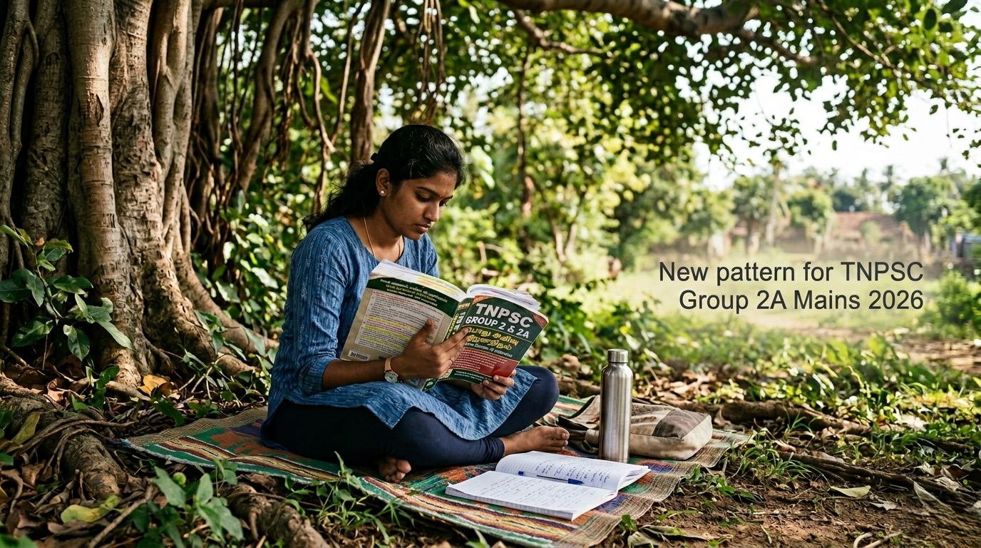 TNPSC Group 2A Mains Objective Pattern 2026: A young Tamil woman aspirant studying the 'TNPSC GROUP 2 & 2A' study book (டிஎன்பிஎஸ்சி குரூப் 2 / 2ஏ) under the shade of a massive banyan tree in a natural outdoor setting in Tamil Nadu. She is seated cross-legged on a traditional mat with her open notebook, pen, water bottle, and bag. The photograph is realistic, showing her focused expression amidst greenery and diffused natural light. TNPSC Group 2A Mains Objective Pattern 2026 MITHVIBE branding is not visible in the bottom right corner.