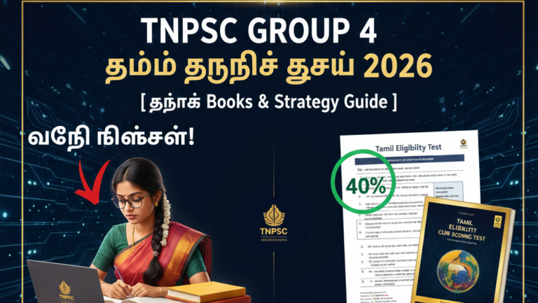 TNPSC Group 4 Tamil Eligibility Test 2026 books and study strategy guide featuring a student, 40 percent qualifying marks highlight, and official exam preparation material.