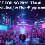 A celebratory crowd of diverse non-programmers launching a mobile app using Best vibe coding stack for non-programmers 2026 featuring holographic displays and neon tech aesthetics.