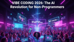 A celebratory crowd of diverse non-programmers launching a mobile app using Best vibe coding stack for non-programmers 2026 featuring holographic displays and neon tech aesthetics.