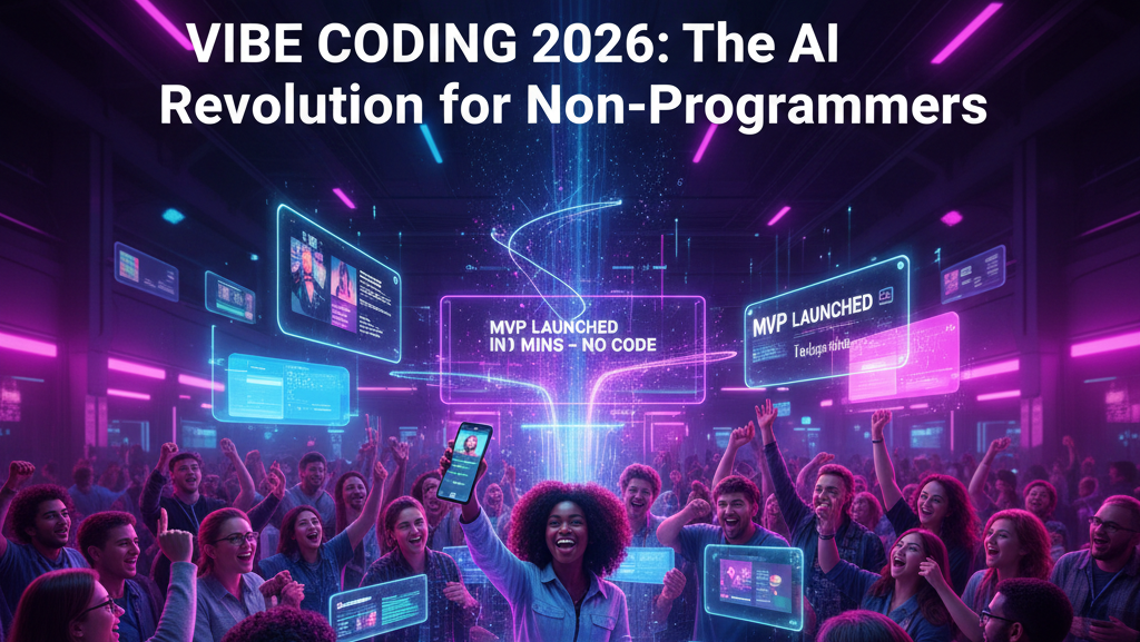 A celebratory crowd of diverse non-programmers launching a mobile app using Best vibe coding stack for non-programmers 2026 featuring holographic displays and neon tech aesthetics.