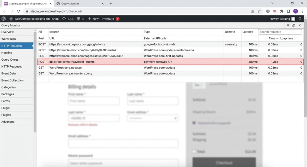 Query Monitor interface tracking checkout API latency on a WooCommerce staging site.