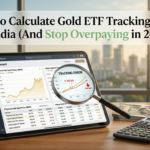 A tablet on a wooden desk displaying a financial dashboard comparing physical gold spot prices on MCX with Indian Gold ETF market charts. A magnifying glass focuses closely on a red tracking error divergence graph.