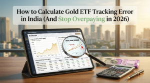 A tablet on a wooden desk displaying a financial dashboard comparing physical gold spot prices on MCX with Indian Gold ETF market charts. A magnifying glass focuses closely on a red tracking error divergence graph.