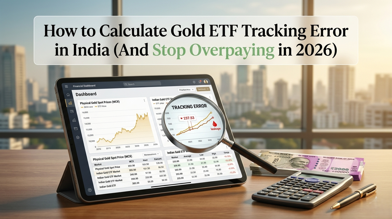 A tablet on a wooden desk displaying a financial dashboard comparing physical gold spot prices on MCX with Indian Gold ETF market charts. A magnifying glass focuses closely on a red tracking error divergence graph.