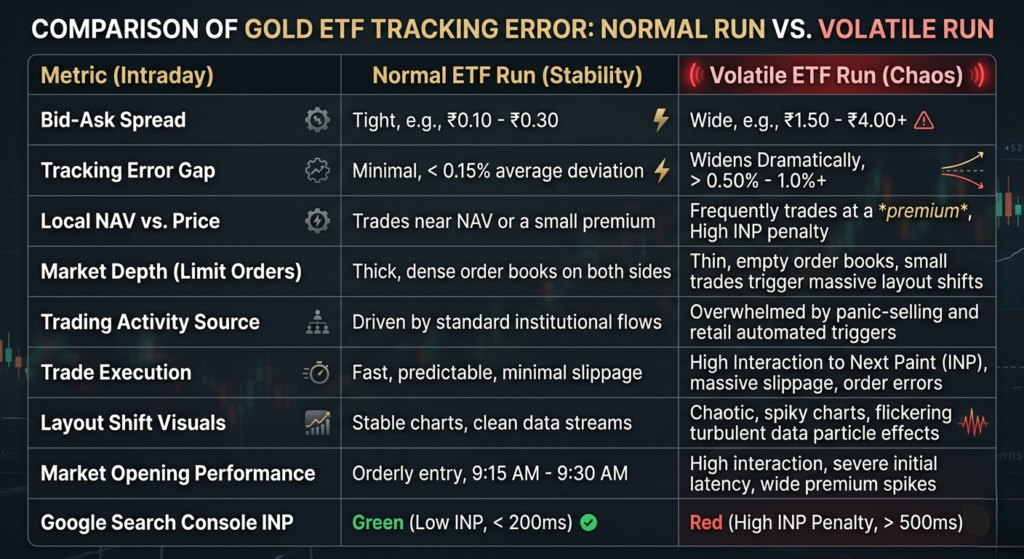 Visualizing the gap in Gold ETF tracking error calculation India during volatile market hours.