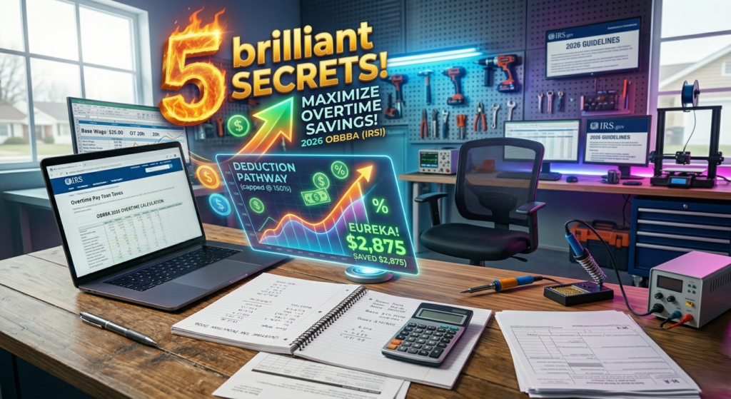 High-tech financial desk displaying complex holographic calculations for overtime pay tax deductions under the 2026 OBBBA IRS rules, featuring a laptop, open notebook with math, calculator, and W-2 forms.