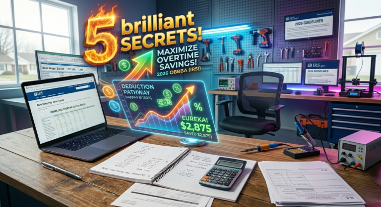 High-tech financial desk displaying complex holographic calculations for overtime pay tax deductions under the 2026 OBBBA IRS rules, featuring a laptop, open notebook with math, calculator, and W-2 forms.