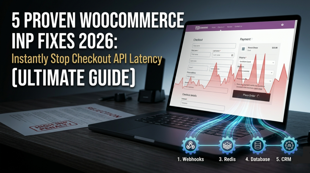 A WooCommerce technical optimization dashboard on a laptop displaying a checkout flow with red graph lines indicating a High INP Penalty. Below the graph are five icons representing fixes: 1. Webhooks, 2. JS Defer, 3. Redis, 4. Database, and 5. CRM Sync, all showing brilliant cyan data trails.