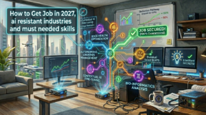 An advanced tech office workspace displaying a vibrant holographic career roadmap detailing how to get job in 2027 for sure, featuring AI resistant industries with massive hiring growth and essential high paying career fields to select for 2027.