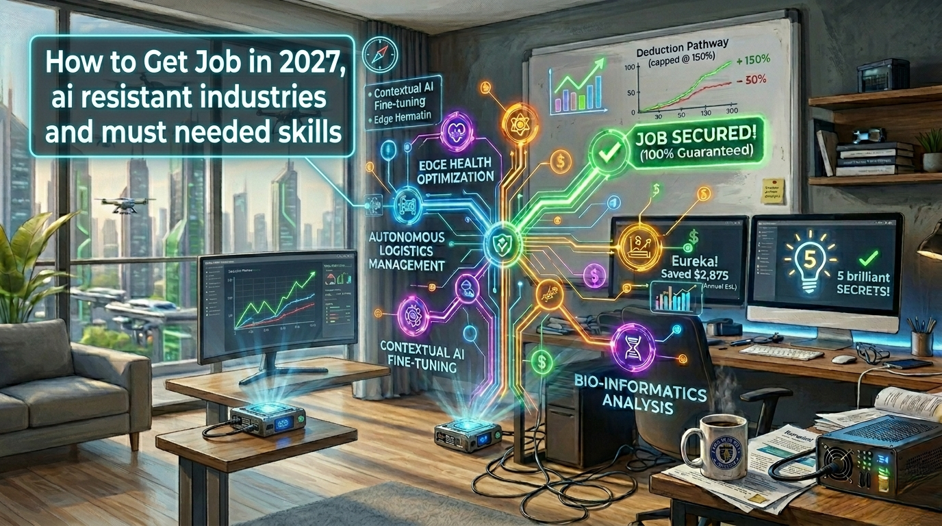 An advanced tech office workspace displaying a vibrant holographic career roadmap detailing how to get job in 2027 for sure, featuring AI resistant industries with massive hiring growth and essential high paying career fields to select for 2027.